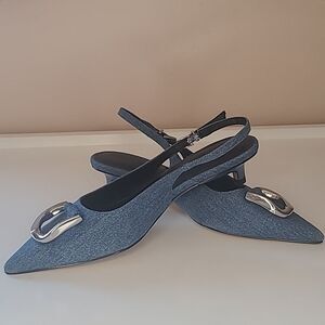 Charles & Keith Gabine Slingback Blue Denim Kitten Heel Silver Decor EU 36